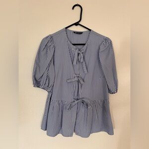 Navy Striped Women's Blouse with Bow Accents